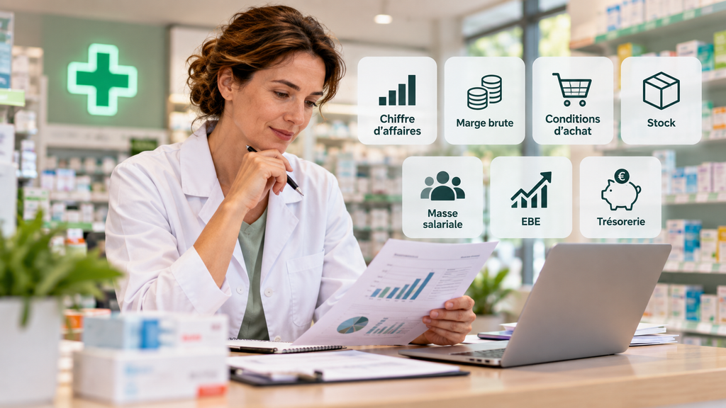 Pharmacienne titulaire analysant les indicateurs de rentabilité de son officine : chiffre d’affaires, marge brute, stock, masse salariale, EBE et trésorerie.