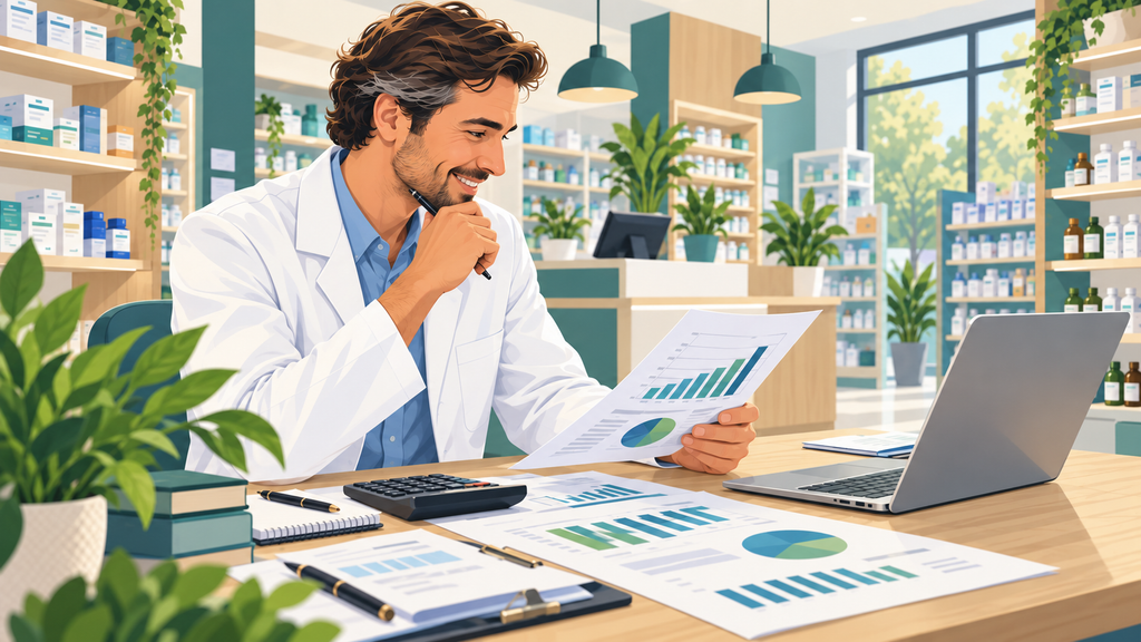 Pharmacien analysant les données financières avant d’acheter une pharmacie d’officine